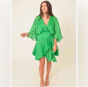New BTFL-life Vonda Stripe Jacquard Long Sleeve Satin Mini Dress Green Sz Small